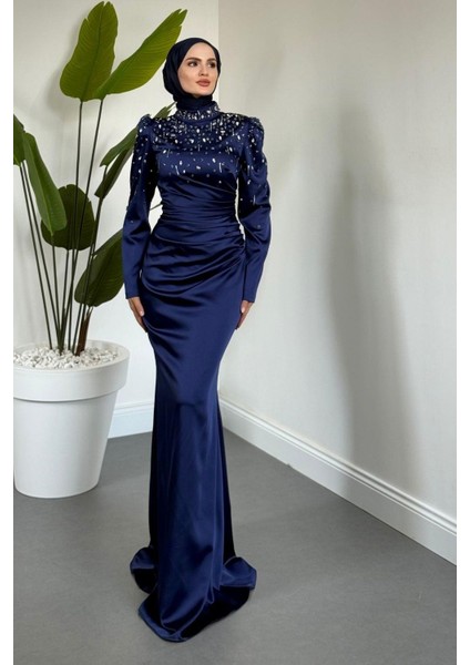 Wanda Saten Taşlı Balık Abiye Lacivert