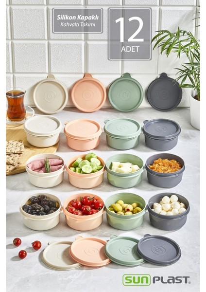 12'li Çok Renkli Kahvaltı ve Saklama Seti, Sızdırmaz, Silikon Kapaklı, Pratik ve Şık