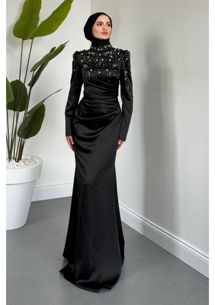 Wanda Saten Taşlı Balık Abiye Siyah