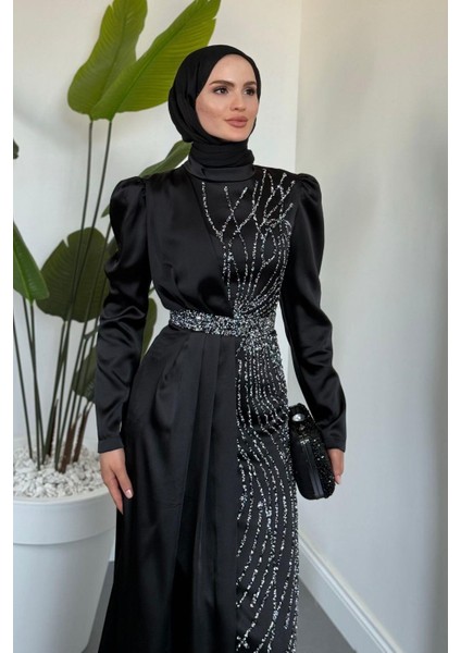 Fery Pelerinli Taşlı Saten Abiye Siyah fiyatları