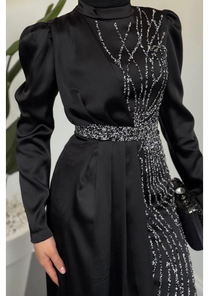 Fery Pelerinli Taşlı Saten Abiye Siyah modelleri