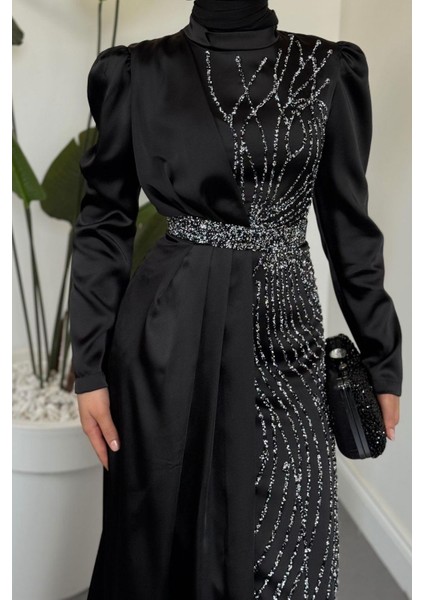 Fery Pelerinli Taşlı Saten Abiye Siyah fırsatları