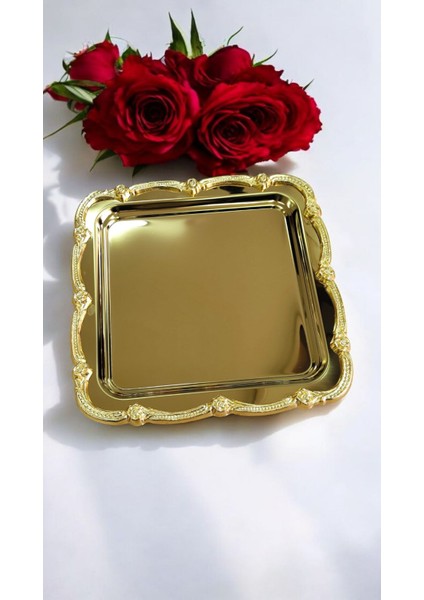 Gül Çerçeveli Lüks Sunum Tepsisi, 23X23CM, Şık ve Zarif Gold Tasarım