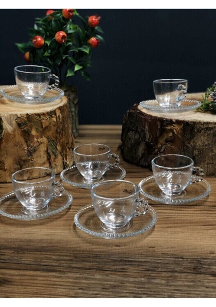 Şık 6'lı Kulplu Boncuk Detaylı Cam Çay ve Nescafe Fincanı, Kahverengi Renk