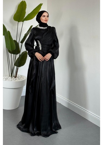 Corlie Beli Taşlı Drapeli Jan Jan Abiye Siyah