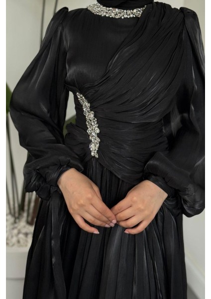 Corlie Beli Taşlı Drapeli Jan Jan Abiye Siyah modelleri