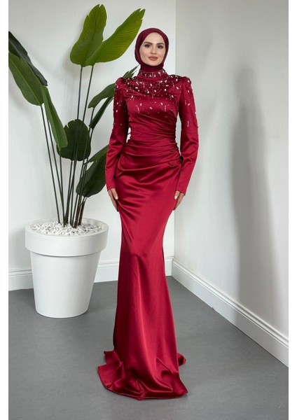 Wanda Saten Taşlı Balık Abiye Bordo