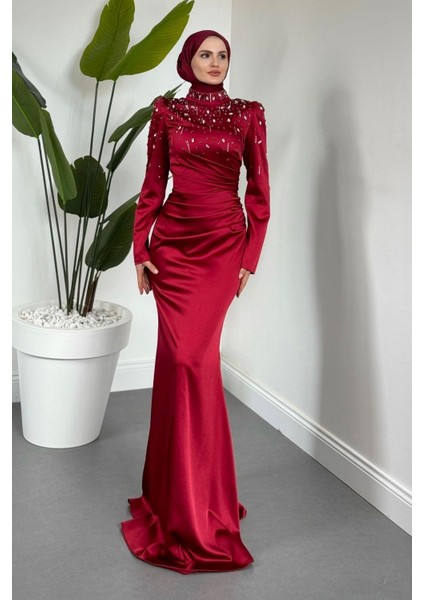 Wanda Saten Taşlı Balık Abiye Bordo fiyatları