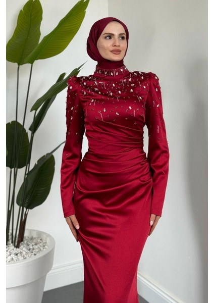 Wanda Saten Taşlı Balık Abiye Bordo modelleri