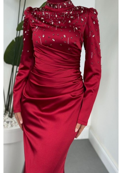 Wanda Saten Taşlı Balık Abiye Bordo fırsatları