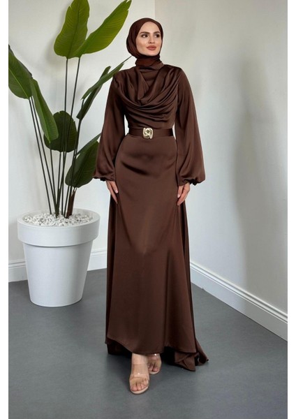 Merryna Kemerli Kuyruklu Saten Abiye Kahverengi fiyatları