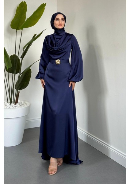 Merryna Kemerli Kuyruklu Saten Abiye Lacivert