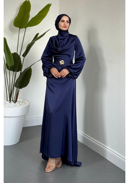 Merryna Kemerli Kuyruklu Saten Abiye Lacivert fiyatları