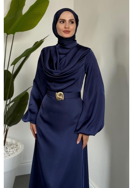 Merryna Kemerli Kuyruklu Saten Abiye Lacivert modelleri