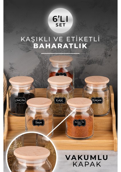 6’lı Bambu Kapaklı Baharatlık Takımı, Şık ve Kullanışlı Mutfak Seti