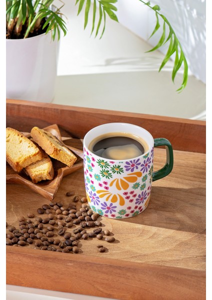 Çiçekli Yeni Seramik Kupa 350 Ml, Renkli Tasarım