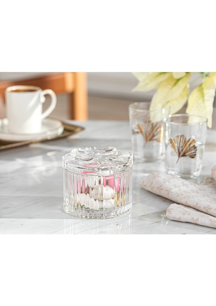Şık ve Şeffaf Cam Şekerlik 8x7 Cm, Klasik Tasarım, Beyaz Detaylı.