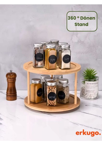 Dönen 2 Katlı Bambu Baharatlık Organizer, Sunum ve Düzenleme Için Ideal