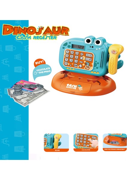 Pilli Işıklı Sesli Yazarkasa Dokunmatik Tuşlu Dijital Ekranlı Oyuncak Yazarkasa Dinozor