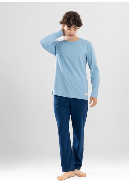 Erkek Pamuklu Bisiklet Yaka Baskılı Uzun Kollu Pijama Takımı 9806 Mavi