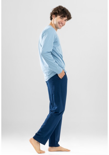 Erkek Pamuklu Bisiklet Yaka Baskılı Uzun Kollu Pijama Takımı 9806 Mavi fiyatları