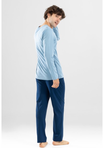 Erkek Pamuklu Bisiklet Yaka Baskılı Uzun Kollu Pijama Takımı 9806 Mavi modelleri