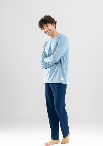 Erkek Pamuklu Bisiklet Yaka Baskılı Uzun Kollu Pijama Takımı 9806 Mavi fırsatları