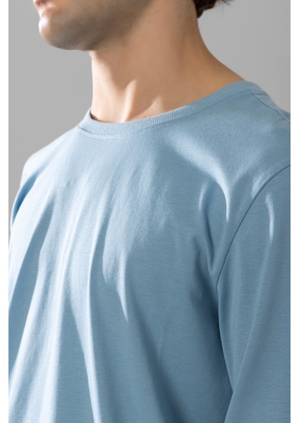 Erkek Pamuklu Bisiklet Yaka Baskılı Uzun Kollu Pijama Takımı 9806 Mavi indirimleri