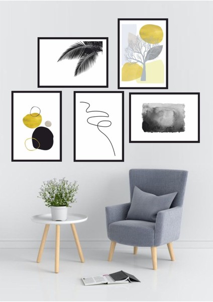 5 Parça Pelıon Modern Desen Çerçeve Görünümlü Mdf Tablo Set