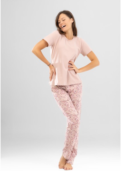 Kadın Pamuklu Bisiklet Yaka Otantik Desenli Kısa Kollu Pijama Takımı 9921 Pudra