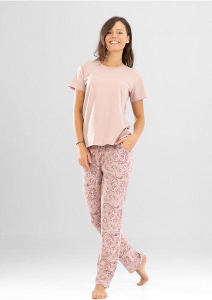 Kadın Pamuklu Bisiklet Yaka Otantik Desenli Kısa Kollu Pijama Takımı 9921 Pudra fiyatları