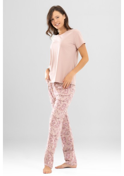 Kadın Pamuklu Bisiklet Yaka Otantik Desenli Kısa Kollu Pijama Takımı 9921 Pudra modelleri