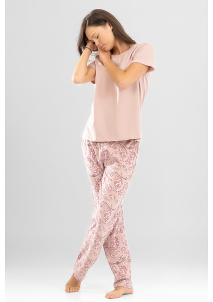 Kadın Pamuklu Bisiklet Yaka Otantik Desenli Kısa Kollu Pijama Takımı 9921 Pudra fırsatları