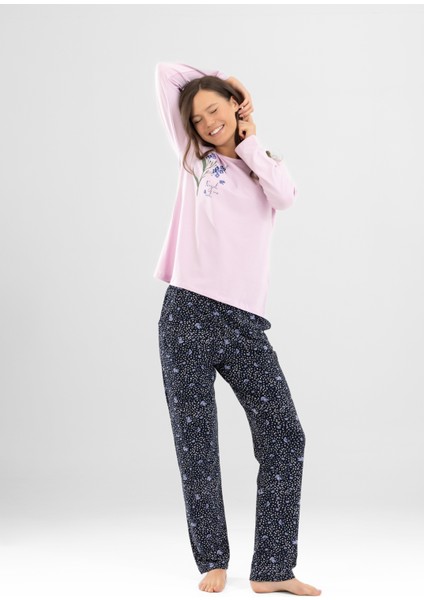 Kadın Pamuklu Bisiklet Yaka Çiçek Baskılı Uzun Kollu Pijama Takımı 9920 Toz Pembe