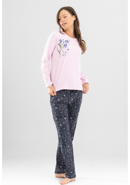 Kadın Pamuklu Bisiklet Yaka Çiçek Baskılı Uzun Kollu Pijama Takımı 9920 Toz Pembe fiyatları
