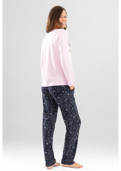 Kadın Pamuklu Bisiklet Yaka Çiçek Baskılı Uzun Kollu Pijama Takımı 9920 Toz Pembe fırsatları