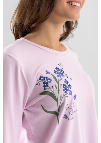 Kadın Pamuklu Bisiklet Yaka Çiçek Baskılı Uzun Kollu Pijama Takımı 9920 Toz Pembe indirimleri