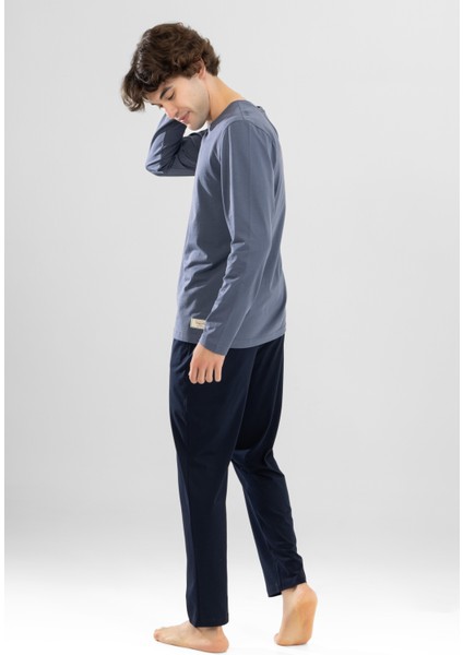 Erkek Pamuklu Bisiklet Yaka Baskılı Uzun Kollu Pijama Takımı 9805 Gri Melanj fiyatları