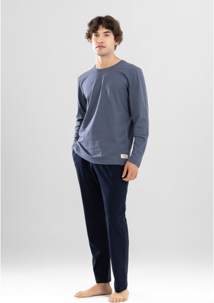 Erkek Pamuklu Bisiklet Yaka Baskılı Uzun Kollu Pijama Takımı 9805 Gri Melanj modelleri