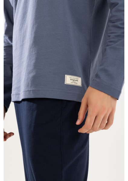 Erkek Pamuklu Bisiklet Yaka Baskılı Uzun Kollu Pijama Takımı 9805 Gri Melanj fırsatları