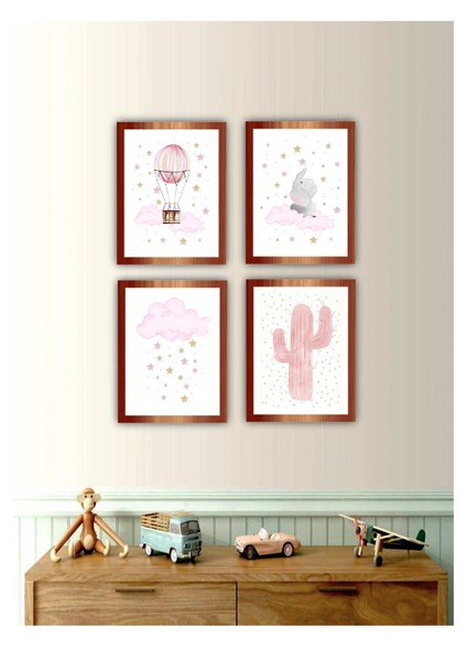 4 Adet Modern Çocuk Odası Çerçeve Görünümlü Mdf Tablo Set