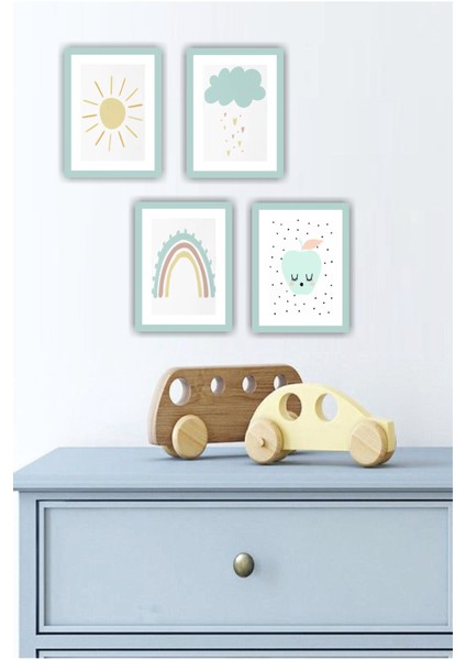 4 Adet Modern Çocuk Odası Çerçeve Görünümlü Mdf Tablo Set