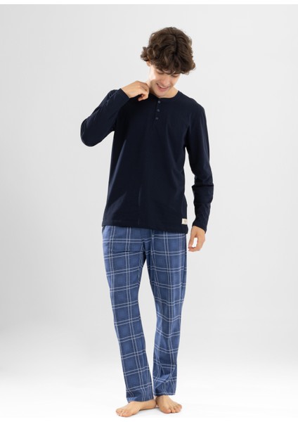 Erkek Pamuklu Bisiklet Yaka Baskılı Uzun Kollu Pijama Takımı 9803 Lacivert fiyatları