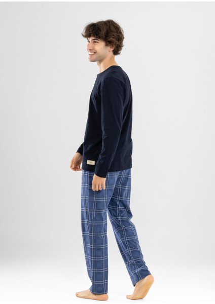 Erkek Pamuklu Bisiklet Yaka Baskılı Uzun Kollu Pijama Takımı 9803 Lacivert modelleri
