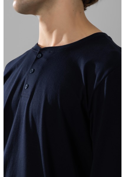 Erkek Pamuklu Bisiklet Yaka Baskılı Uzun Kollu Pijama Takımı 9803 Lacivert fırsatları