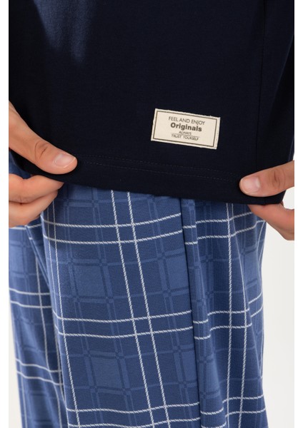 Erkek Pamuklu Bisiklet Yaka Baskılı Uzun Kollu Pijama Takımı 9803 Lacivert indirimleri