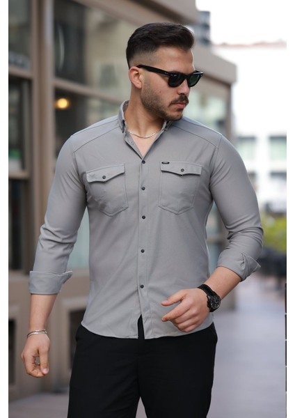 Erkek Çift Cepli Çıtçıt Düğmeli Uzun Kollu Gömlek