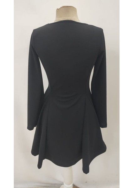 Kadın Uzun Kollu Kare Yakalı Mini Ithal Krep Elbise