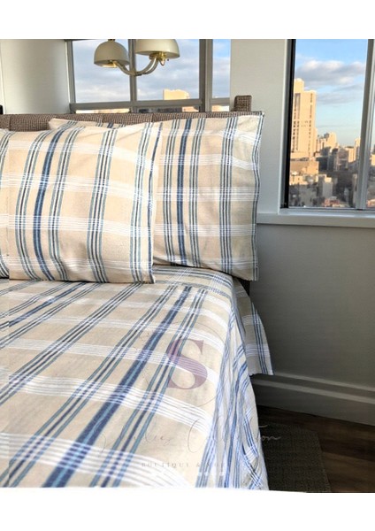 Naturel Buldan Mavi Ekose Çift Kişilik Nevresim Takımı