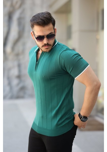 Erkek Fermuar Yakalı Çizgi Dokulu Kısa Kollu Tişört fiyatları